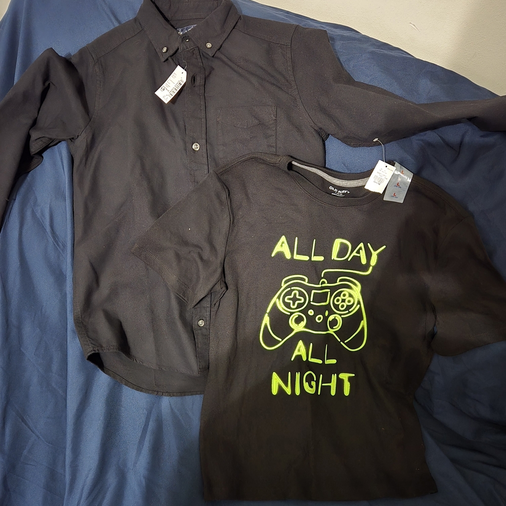 Kids Black Button Down Shirt with Neon Green Print